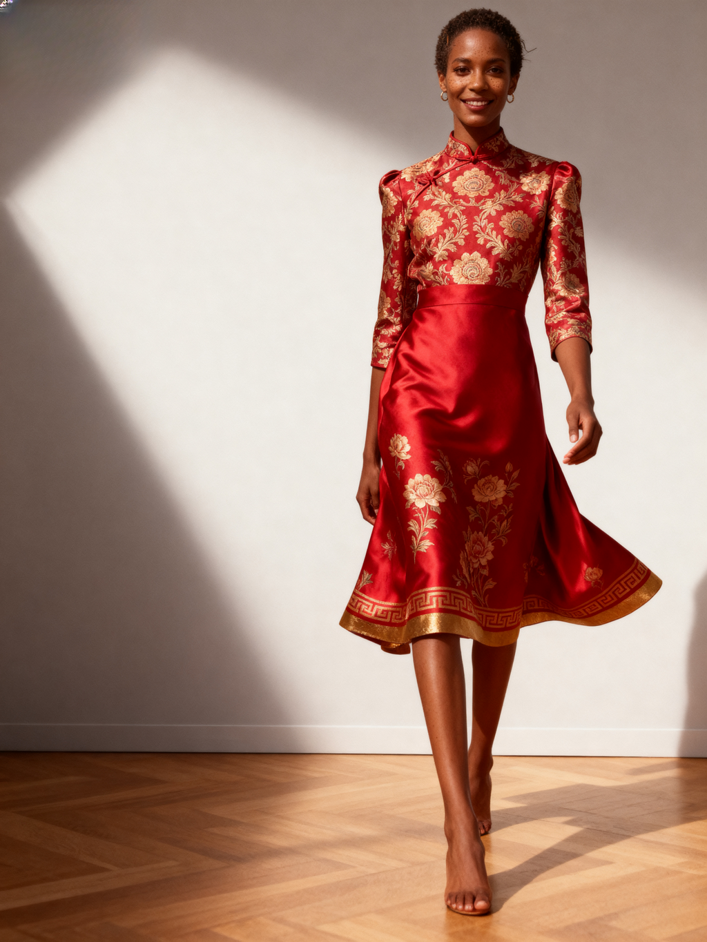 The Forbidden City | Golden Peony Jacquard Silk Dress