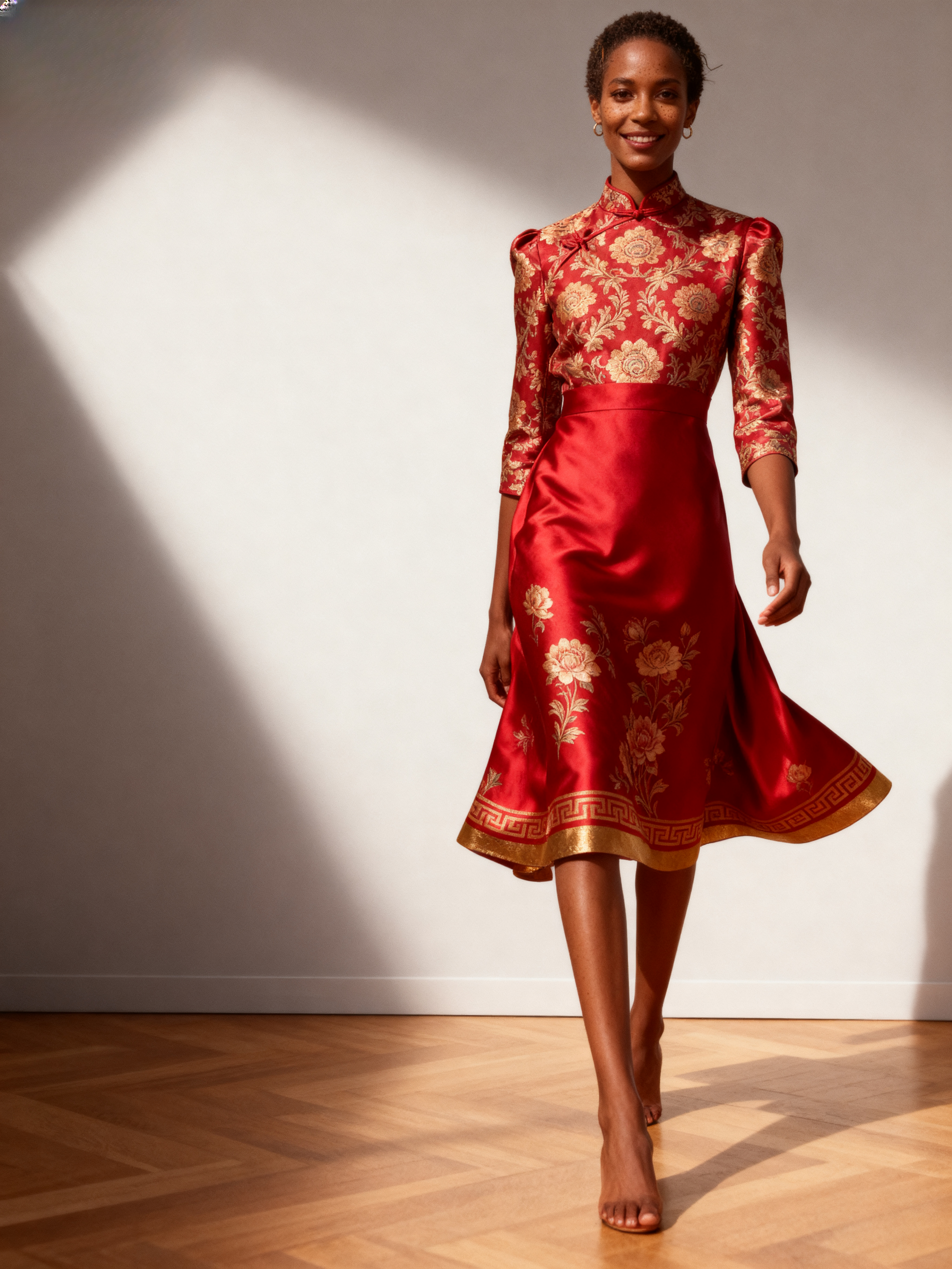 The Forbidden City | Golden Peony Jacquard Silk Dress