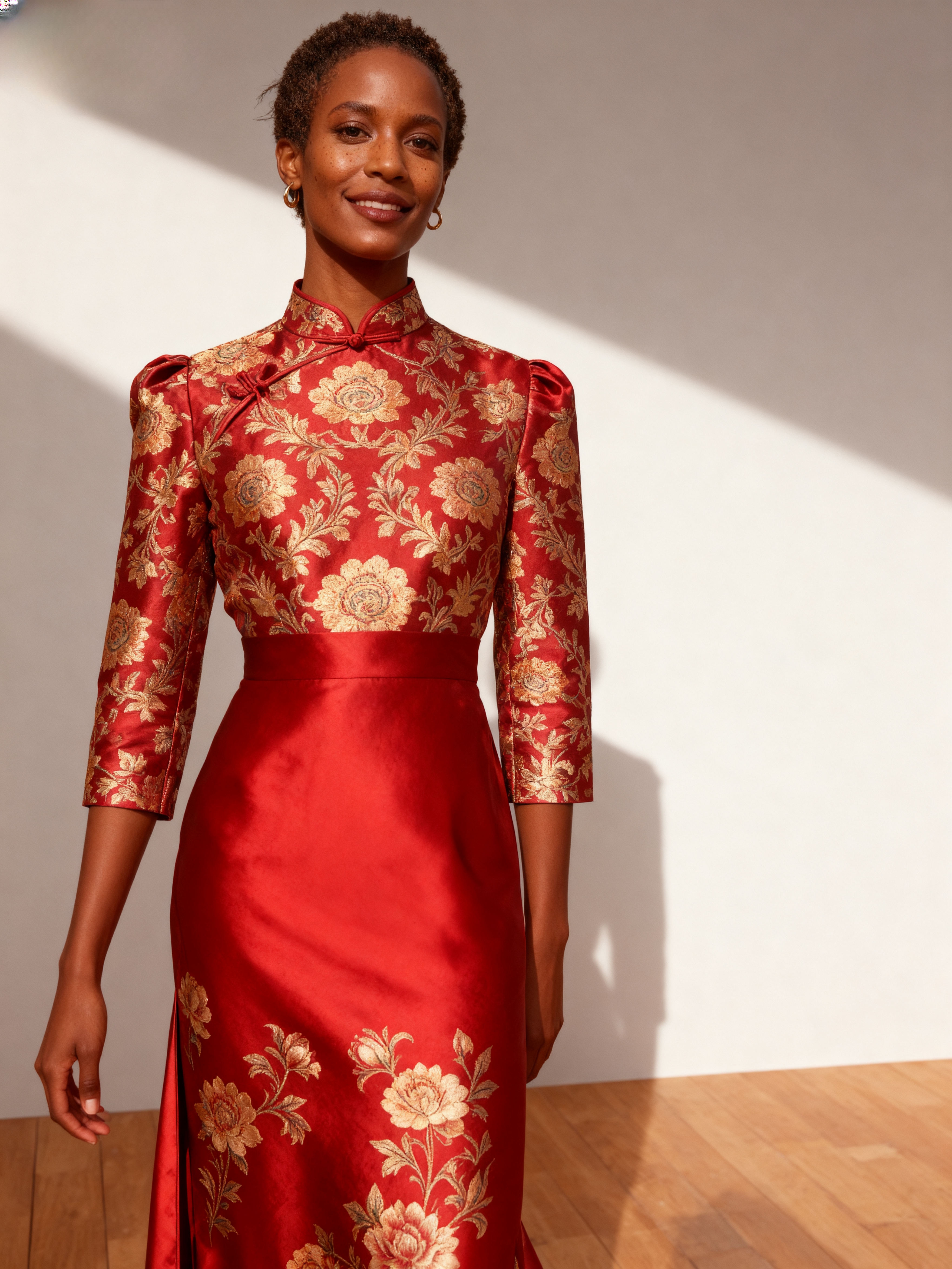 The Forbidden City | Golden Peony Jacquard Silk Dress