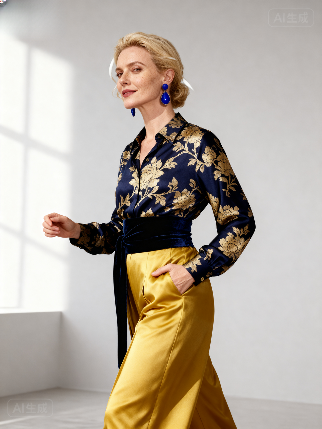 The Forbidden City | Lapis & Gold Chrysanthemum Jacquard Silk Set