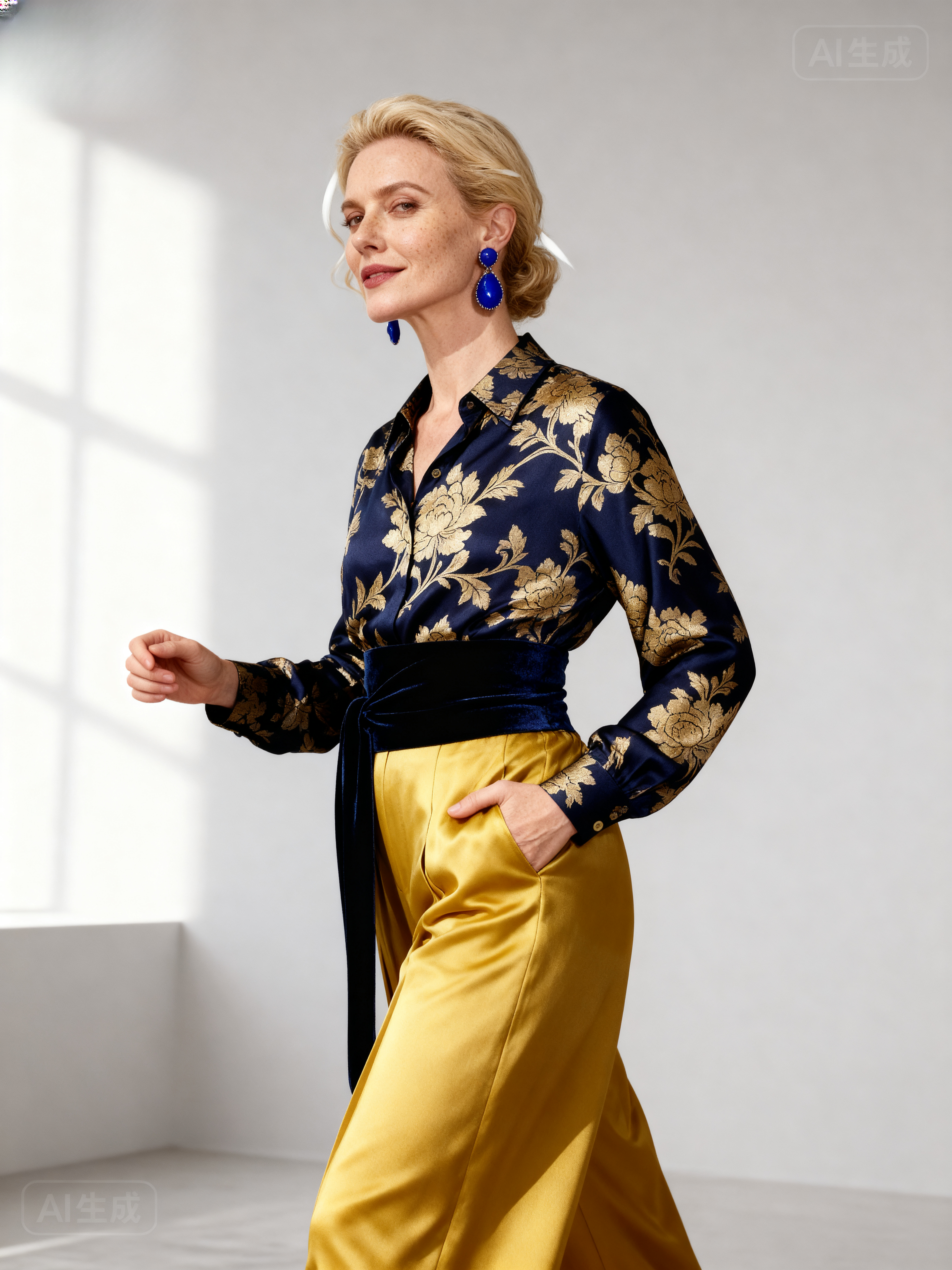 The Forbidden City | Lapis & Gold Chrysanthemum Jacquard Silk Set