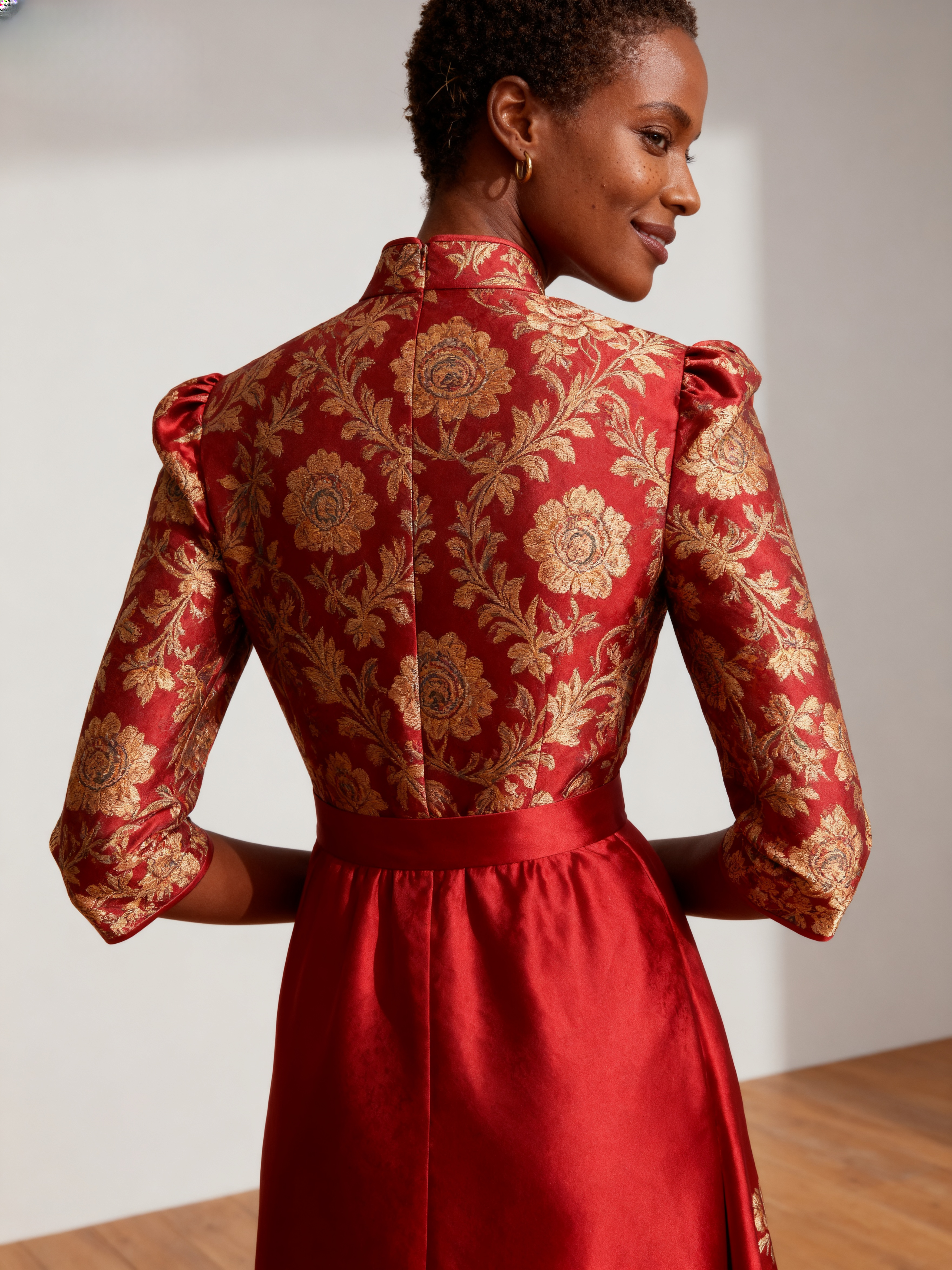 The Forbidden City | Golden Peony Jacquard Silk Dress