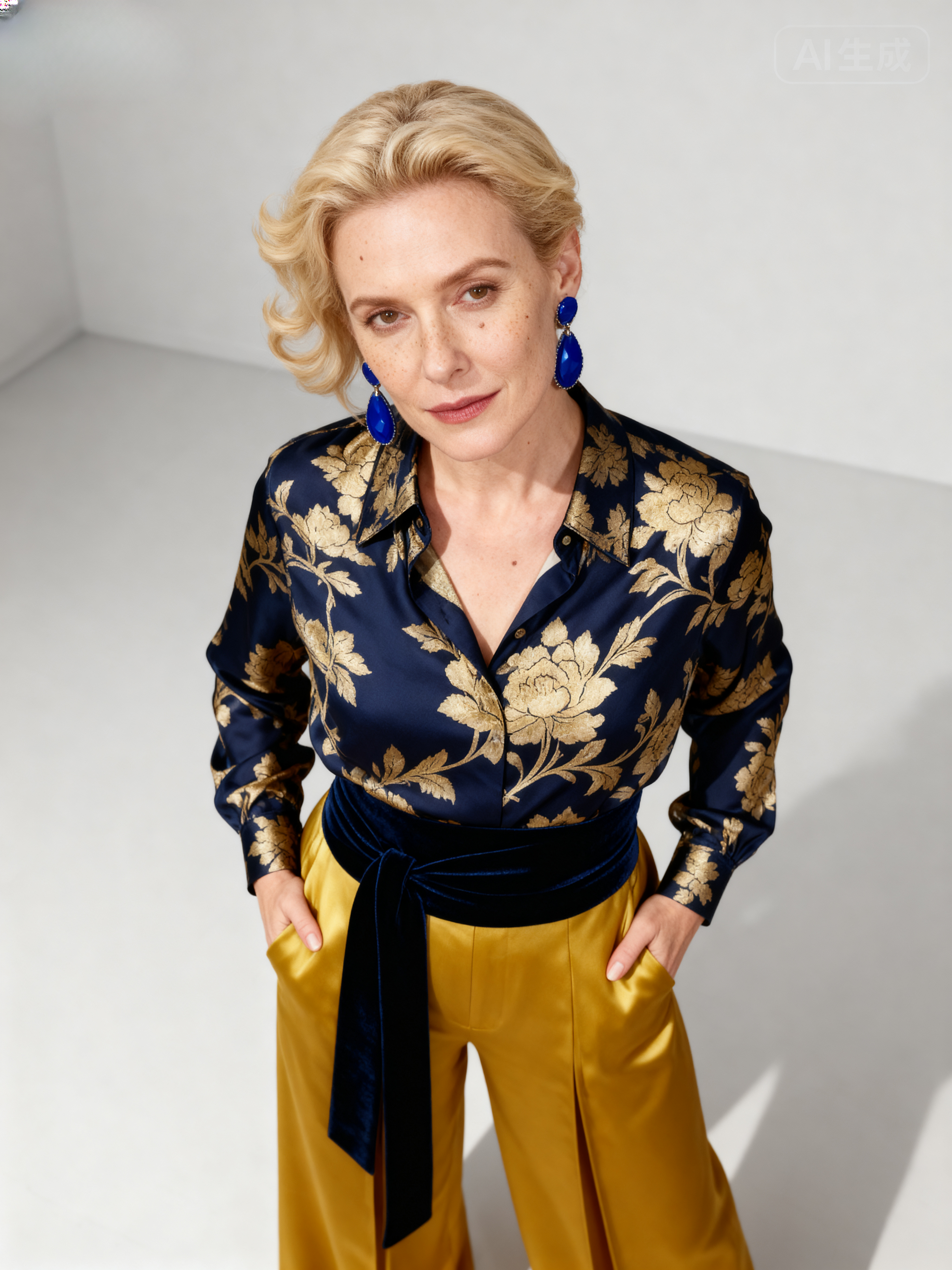 The Forbidden City | Lapis & Gold Chrysanthemum Jacquard Silk Set