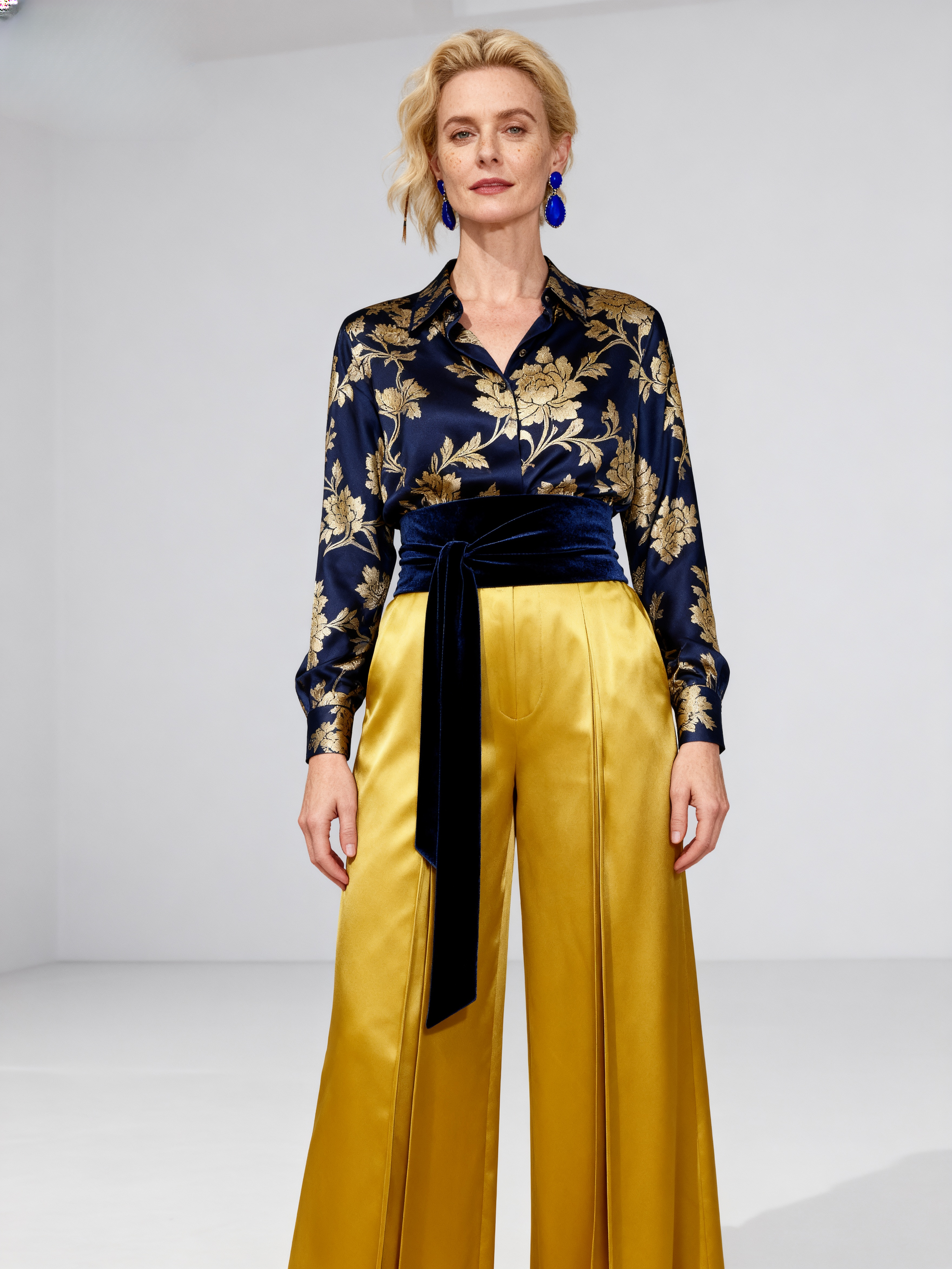 The Forbidden City | Lapis & Gold Chrysanthemum Jacquard Silk Set