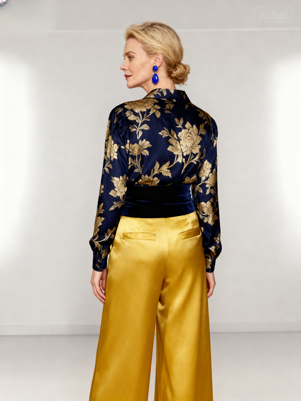 The Forbidden City | Lapis & Gold Chrysanthemum Jacquard Silk Set