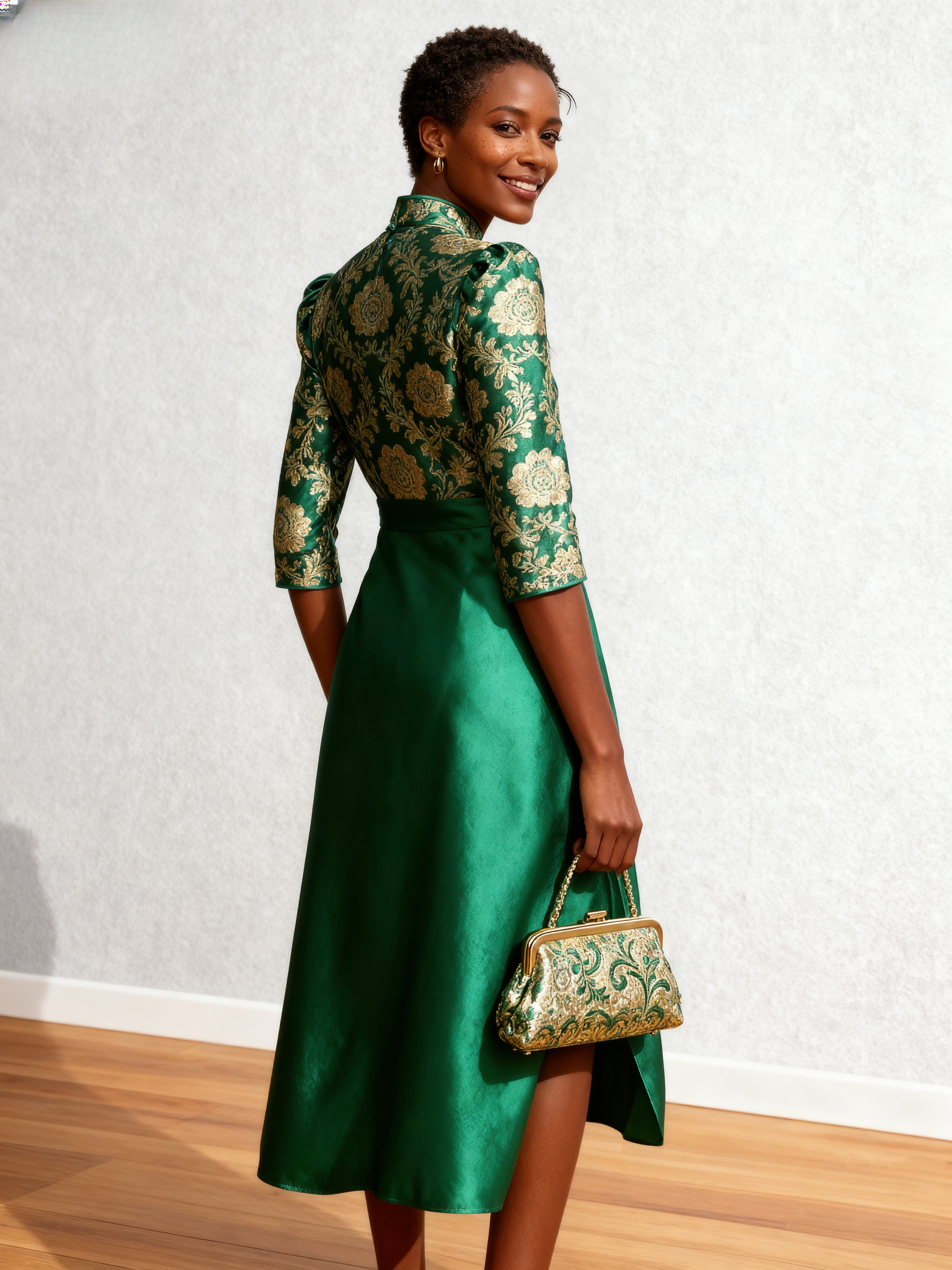 The Forbidden City | Golden Peony Jacquard Silk Dress